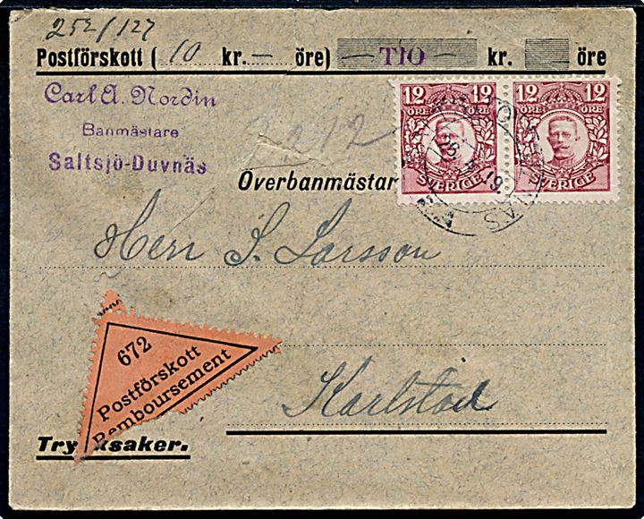 12 öre Gustaf i parstykke på lille brev med postopkrævning fra Saltsjö-Duvnäs d. 26.4.1919 til Karlstad. Revet på forsiden.