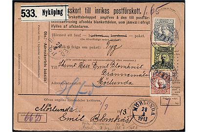 15 öre, 50 öre og 1 kr. Gustaf på 165 öre frankeret adressekort for pakke med postopkrævning fra Nyköping d. 27.8.1913 til Mörlunda.