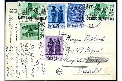 Katanga. 1 fr. 11 Juillet l'etat du Katanga provisorium (2), samt 20 c., 50 c. og 3,50 fr. definitiv udg. på brevkort fra Elisabethville d. 18.7.1961 til Sverige.