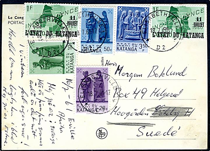 Katanga. 1 fr. 11 Juillet l'etat du Katanga provisorium (2), samt 20 c., 50 c. og 3,50 fr. definitiv udg. på brevkort fra Elisabethville d. 18.7.1961 til Sverige.