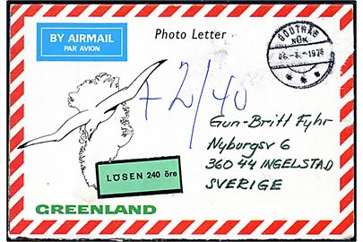 Ufrankeret photo letter fra Godthåb d. 24.5.1978 til Ingelstad, Sverige. Påsat svensk Lösen 240 öre etiket.