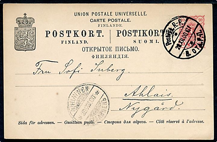 10 pen. helsagsbrevkort annulleret med 2-sproget bureaustempel Postilj. k. R.-P. (= 	Raumo-Peipohja) d. 28.12.1900 til Ahlais.