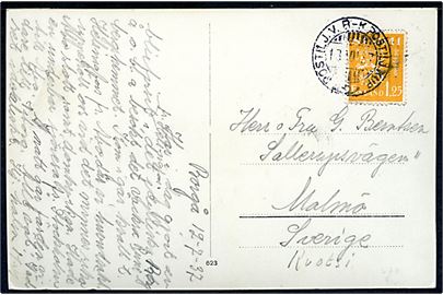 1,25 mk. Løve på brevkort fra Borgå annulleret med 2-sproget bureaustempel Postilj. v. B.-K. (= Borgå - Kervo) d. 13.7.1937 til Malmö, Sverige.