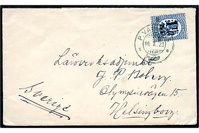 1½ mk./50 pen. Provisorium på brev fra Ii annulleret med bureaustempel P.Vagn no. 25 d. 10.7.1923 til Helsingborg, Sverige.