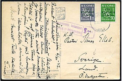 50 pen. og 1,75 mk. Itä-Karjala provisorium på brevkort fra Äännislinna d. 6.12.1942 til Lund i Sverige. Finsk censur.