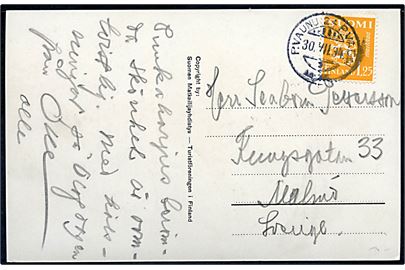 1,25 mk. Løve på brevkort (Punkaharju) annulleret med 2-sproget bureaustempel P.Vaunu 24 P.Vagn d. 30,7,1934 til Maælmö, Sverige.