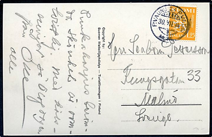 1,25 mk. Løve på brevkort (Punkaharju) annulleret med 2-sproget bureaustempel P.Vaunu 24 P.Vagn d. 30,7,1934 til Maælmö, Sverige.