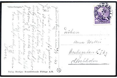 10 öre Gustaf på brevkort (Spejder lejr Gilwellstugan) stemplet Sparreholm d. 26.7.1947 til Stockholm.