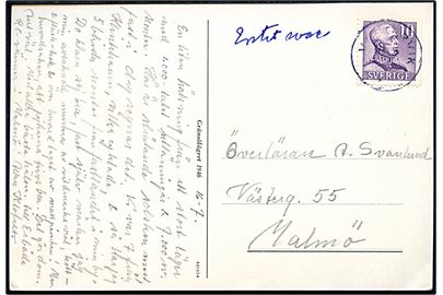 10 öre Gustaf på særligt spejder-postkort Gränsjölägret 1946 annulleret Västerik d. 16.7.1946 til Malmö. Kortet omtaler spejderlejr med 1000-vis af udenlandske og 7.000 svenske spejdere.