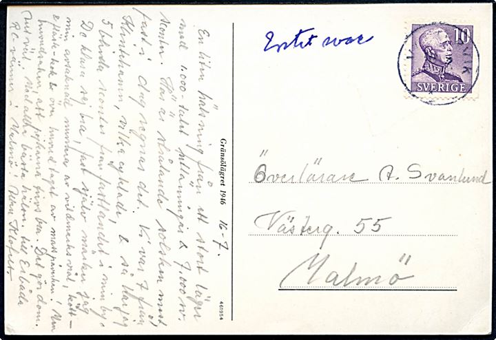 10 öre Gustaf på særligt spejder-postkort Gränsjölägret 1946 annulleret Västerik d. 16.7.1946 til Malmö. Kortet omtaler spejderlejr med 1000-vis af udenlandske og 7.000 svenske spejdere.