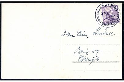 10 öre Gustaf på brevkort (Flickscoutchef Mildred Nilsson) annulleret med spejder særstempel Örebro * NTO:s Scoutförbunds Jub. Läger * d. 27.8.1947 til Eksjö.