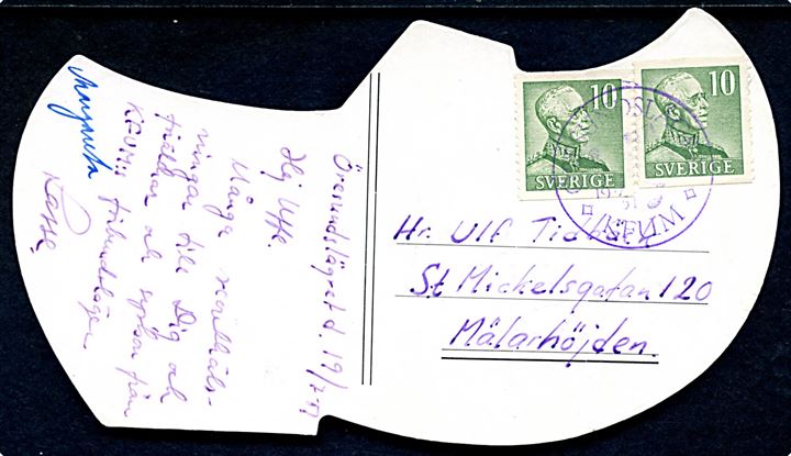 10 öre Gustaf (2) på brevkort (K.F.U.M.s Scoutförbunds Öresundsläger) annulleret med violet spejder særstempel Öresundslägret K.F.U.M. d. 19.7.1951 til Mälarhöjden.