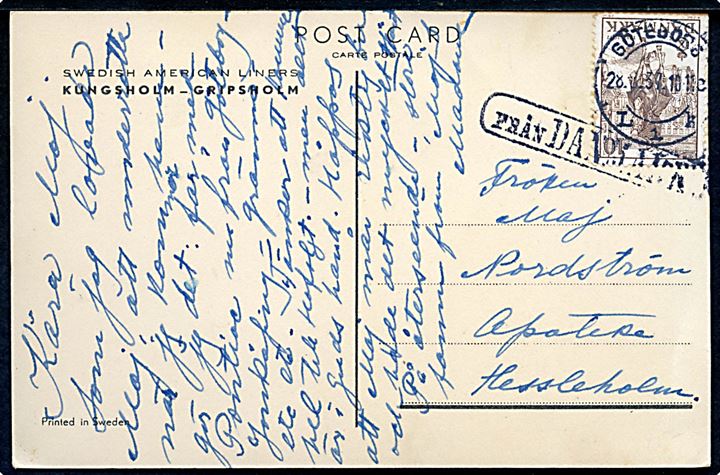 10 øre Regentjubilæum på brevkort (Svensk Amerika Linie dampskibe Kungsholm & Gripsholm) annulleret med svensk stempel i Göteborg d. 28.8.1937 og sidestemplet Från Danmark til Hessleholm, Sverige.