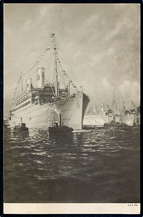 10 øre Regentjubilæum på brevkort (Svensk Amerika Linie dampskibe Kungsholm & Gripsholm) annulleret med svensk stempel i Göteborg d. 28.8.1937 og sidestemplet Från Danmark til Hessleholm, Sverige.