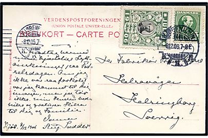5 øre Chr. IX og Julemærke 1906 på brevkort (Kong Fr. VIII - fejltrykt? Stenders kort) annulleret Kjøbenhavn d. 8.12.1906 til Helsingborg, Sverige.