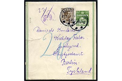 10 øre helsags korsbånd (fabr. 37-Z) opfrankeret med 20 øre Chr. X sendt underfrankeret fra Holstebro d. 21.7.1923 til Berlin, Tyskland. Udtakseret i 20 pfg. tysk porto.