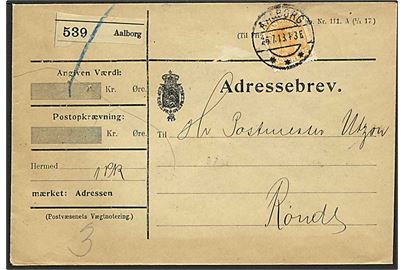 35 øre Chr. X single på adressebrev for pakke fra Aalborg d. 26.7.1918 til Rønde.