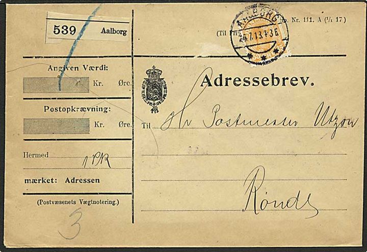 35 øre Chr. X single på adressebrev for pakke fra Aalborg d. 26.7.1918 til Rønde.