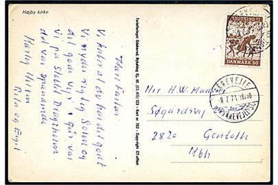 50 øre Flygtning 71 på brevkort annulleret med pr.-stempel Fårevejle pr. Fårevejle St. d. 8.7.1971 til Gentofte.