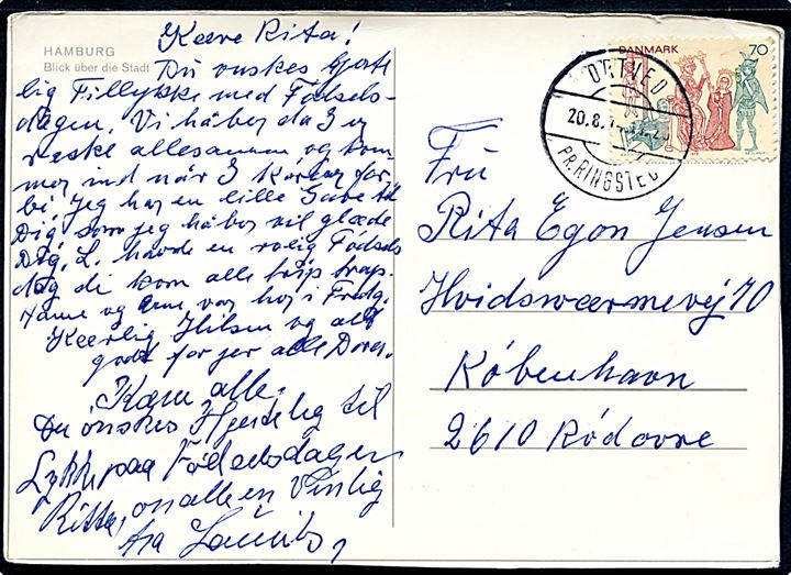 70 øre Kalkmaleri på brevkort annulleret med pr.-stempel Ortved pr. Ringsted d. 20.8.0974 til Rødovre.