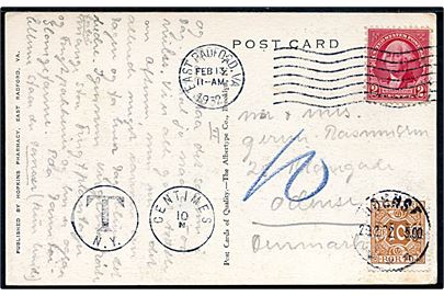 2 cents Washington på underfrankeret brevkort fra East Radford d. 13.2.1932 til Odense, Danmark. Udtakseret i porto med 10 øre Portomærke stemplet Odense d. 29.2.1932 (skuddag).