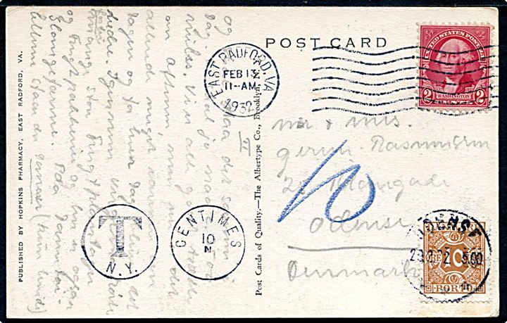 2 cents Washington på underfrankeret brevkort fra East Radford d. 13.2.1932 til Odense, Danmark. Udtakseret i porto med 10 øre Portomærke stemplet Odense d. 29.2.1932 (skuddag).
