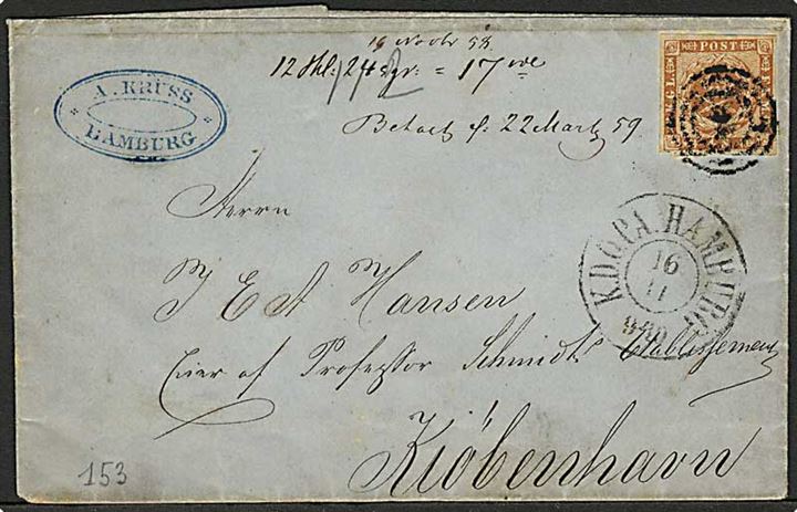 4 sk. 1858 udg. på brev annulleret med nr.stempel 2 og sidestemplet K.D.O.P.A. Hamburg d. 16.11.1859 til København.