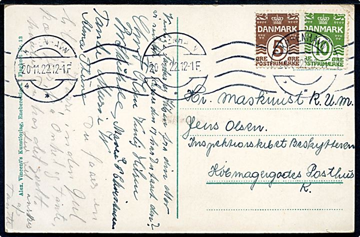 5 øre og 10 øre Bølgelinie på brevkort fra København d. 20.11.1922 til Maskinist ombord på Inspektionsskibet Beskytteren via Købmagergades Postkontor, København V. Beskytteren var bl.a. inspektionsskib i det Nordatlantiske område omkring Island og Færøerne.