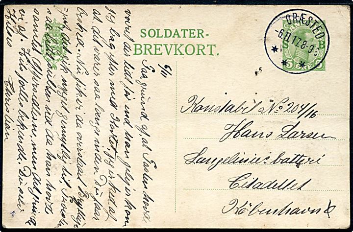 5 øre Soldater-Brevkort annulleret med brotype IIIb Græsted d. 6.11.1917 til konstabel ved Langelinies Batteri, Citadellet, København.