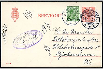 10 øre Chr. X helsagsbrevkort (fabr. 53-M) opfrankeret med 5 øre Chr. X fra Præstø d. 16.2.1921 til Kjøbenhavn.