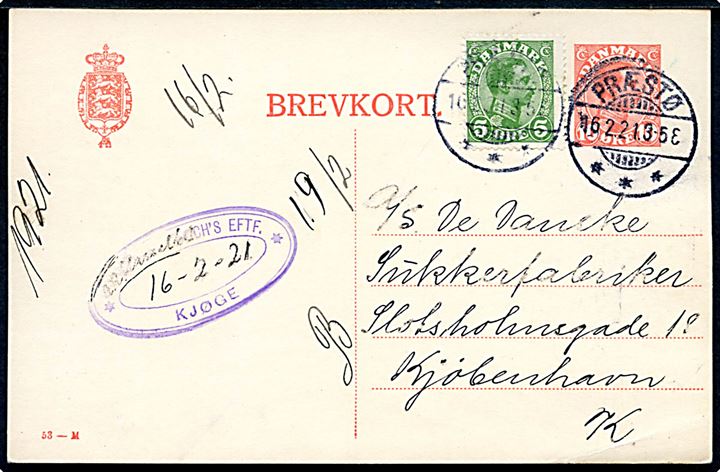 10 øre Chr. X helsagsbrevkort (fabr. 53-M) opfrankeret med 5 øre Chr. X fra Præstø d. 16.2.1921 til Kjøbenhavn.
