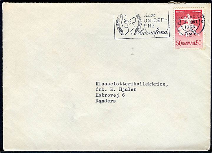 50 øre Ballet festival på brev annulleret med TMS Støt UNICEF - FN's børnefond/København OMK. d. 8.10.1966 til Randers.