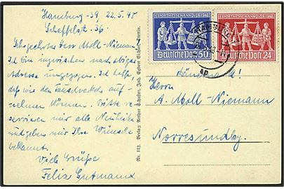 Komplet sæt Hannover Exportmesse på brevkort (Skibe i Stettin) fra Hamburg d. 26.5.1948 til Nørresundby, Danmark. 