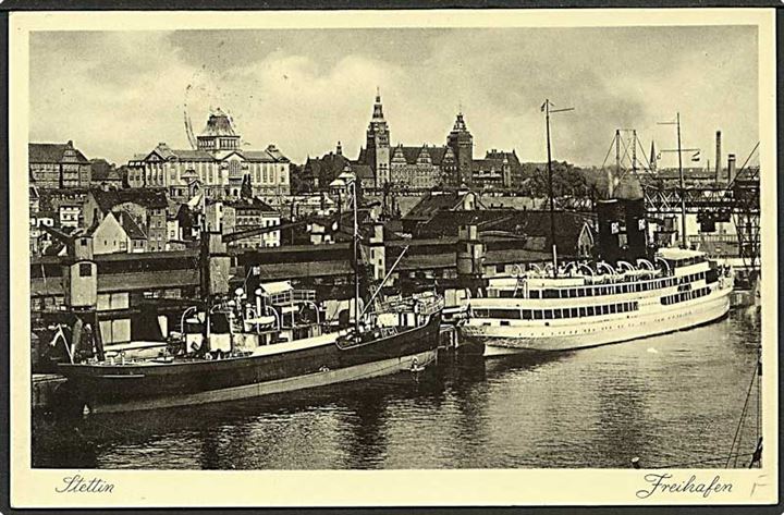 Komplet sæt Hannover Exportmesse på brevkort (Skibe i Stettin) fra Hamburg d. 26.5.1948 til Nørresundby, Danmark. 