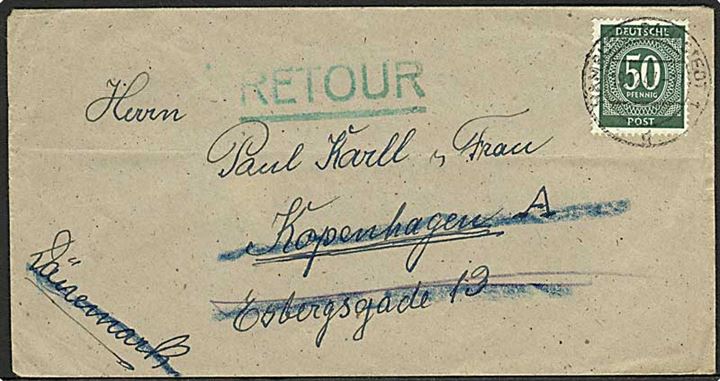 50 pfg. Ciffer single på brev fra Hamburg d. 19.12.1947 til København, Danmark. Retur via Returpostkontoret med stempel: Ubekendt efter Adresse.