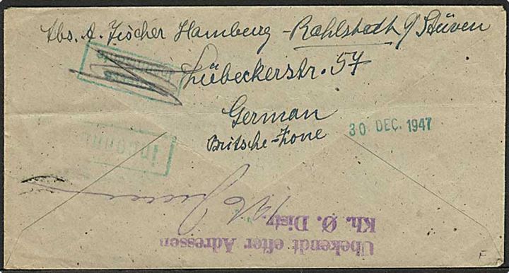 50 pfg. Ciffer single på brev fra Hamburg d. 19.12.1947 til København, Danmark. Retur via Returpostkontoret med stempel: Ubekendt efter Adresse.