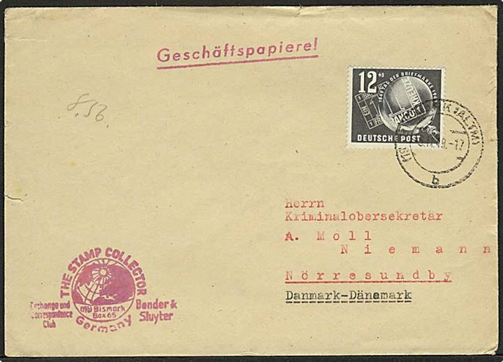 12 pfg. Frimærkets Dag single på forretningspapir fra Bismark d. 5.11.1949 til Nørresundby, Danmark.