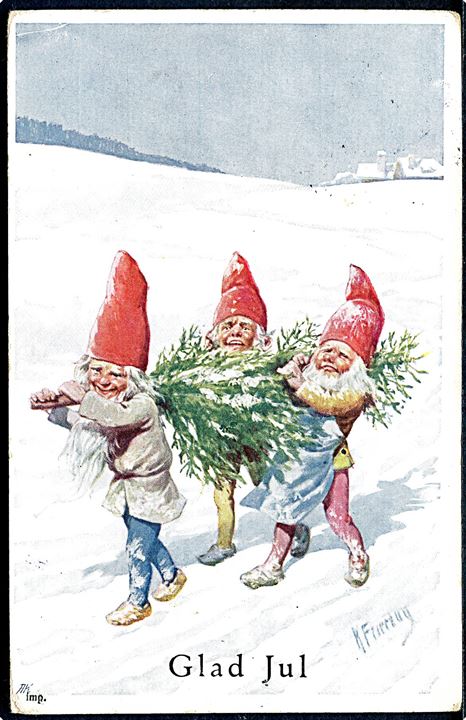Karl Feiertag. Julekort med 3 nisser der bære juletræ. B.K.W.I. no. 3016-5.