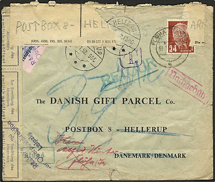 24 pfg. Pieck single på underfrankeret brev fra Flöha d. 18.1.1952 til Hellerup, Danmark. Udtakseret i porto og siden returneret som Modtagelse Nægtet. Åbnet af det østtyske postvæsen for at finde afsender.