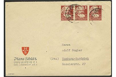 8 pfg. Karl Marx i 3-stribe på brev fra Leipzig d. 4.6.1949 til Hamburg.