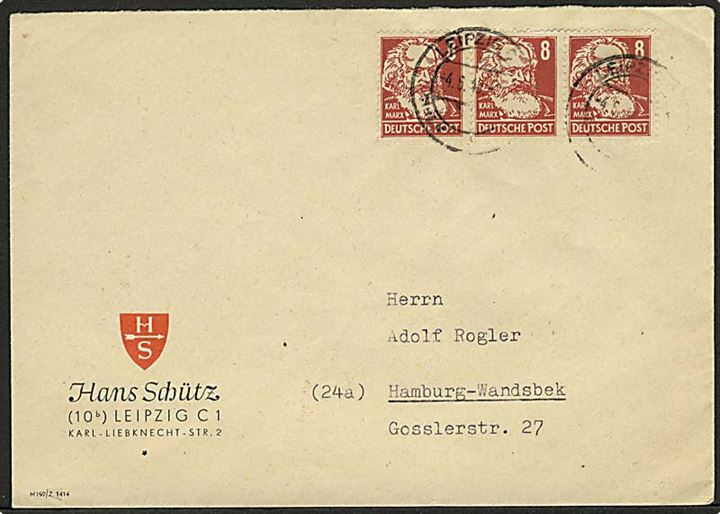 8 pfg. Karl Marx i 3-stribe på brev fra Leipzig d. 4.6.1949 til Hamburg.