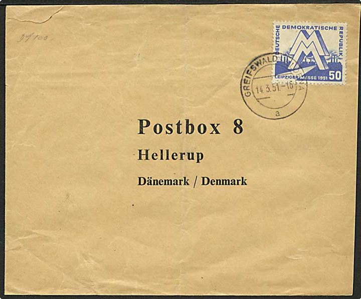 50 pfg. Leipziger Messe single på brev fra Greifswald d. 14.3.1951 til Hellerup, Danmark. AFA mærkepris: 240,-