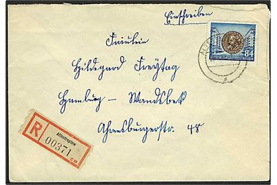 84 pfg. Karl Marx single på anbefalet brev fra Altenreptow d. 26.4.1953 til Hamburg.