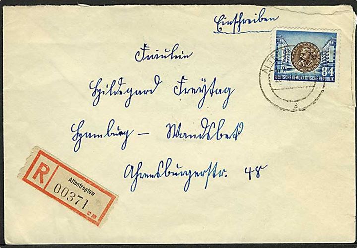 84 pfg. Karl Marx single på anbefalet brev fra Altenreptow d. 26.4.1953 til Hamburg.
