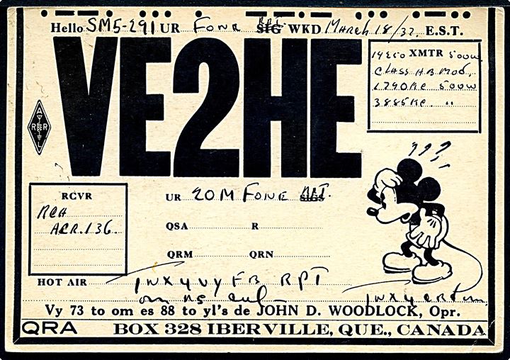Walt Disney: QXL Kort med Mickey Mouse. Sendt fra Canada 1937 til Sverige. 