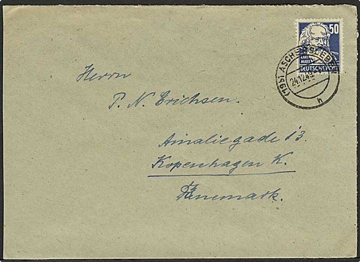 50 pfg. Karl Marx single på brev fra Aschersleben d. 24.12.1949 til København, Danmark.