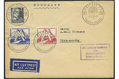 Komplet sæt Leipziger Messe og 2 pfg. Kollwitz på luftpostbrev fra Leipzig d. 6.3.1951 til Nørresundby, Danmark.