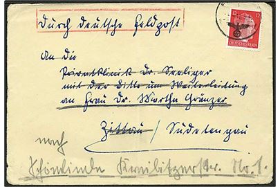 12 pfg. Hitler på brev stemplet Feldpost d. 11.5.1943 til Zittau, Tyskland - eftersendt. Påskrevet Durch Deutsche Feldpost. Fra tyske generalkonsulat i Marseille, Frankrig.