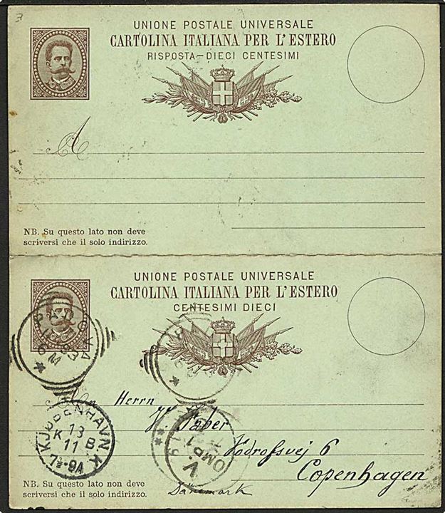 10+10 c. dobbelt helsagsbrevkort fra Padova d. 1.11.1893 til København, Danmark. Vedhængende ubenyttet svardel.