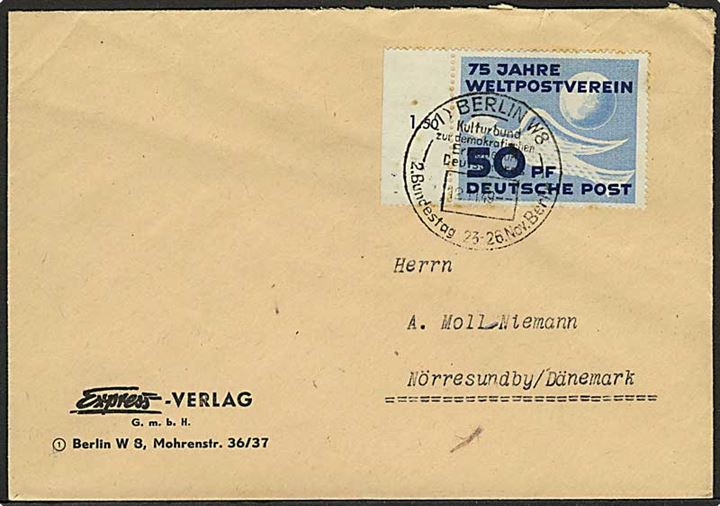 50 pfg. Verdenspostforening single på brev fra Berlin d. 12.11.1949 til Nørresundby, Danmark.